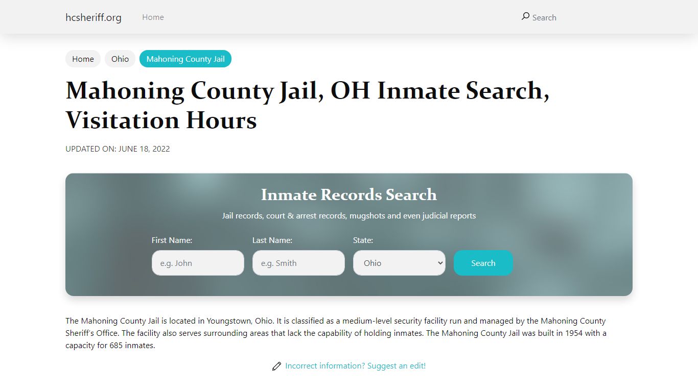 Mahoning County Jail, OH Inmate Search, Visitation Hours